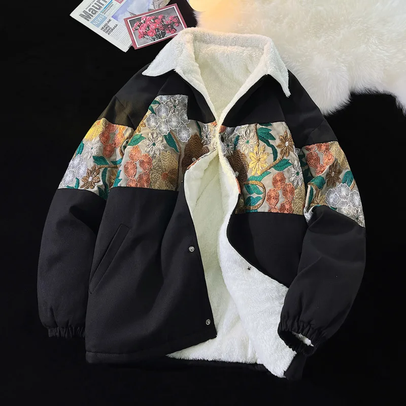 Winter Jacket Men Warm Fashion Thicken Embroidery Jacket Men Japanese Streetwear Loose Plush Thick Short Coat Mens Large Size