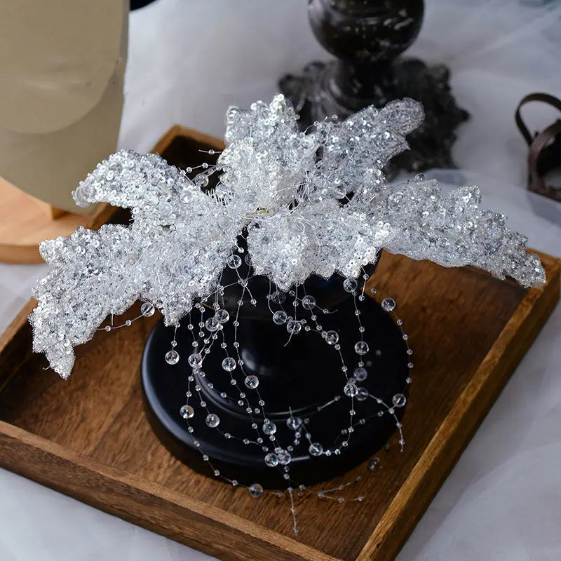 

2022 New Korean Sweet Handmade Lace Bridal Headdress Crystal Tassel Hair Comb Wedding Dress Accessories Bride Headpiece