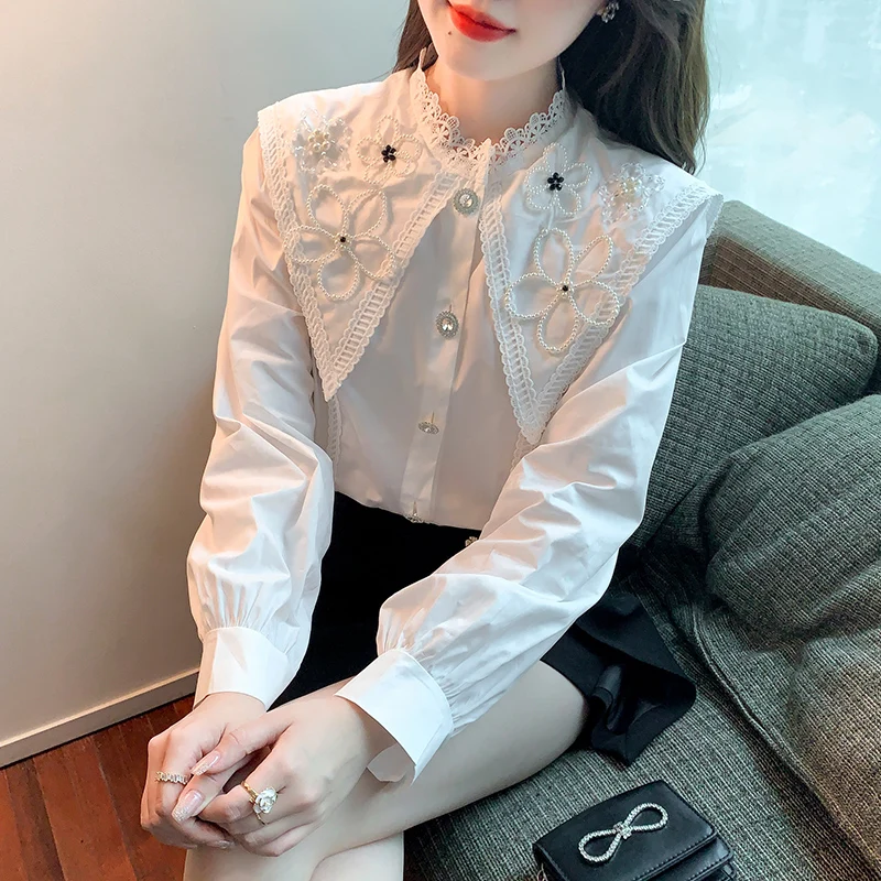 

COIGARSAM Shirt Womens Tops Spring 2022 New Patchwork Long Sleeve Lace Peter Pan Collar Beading Women Shirts Dropshipping