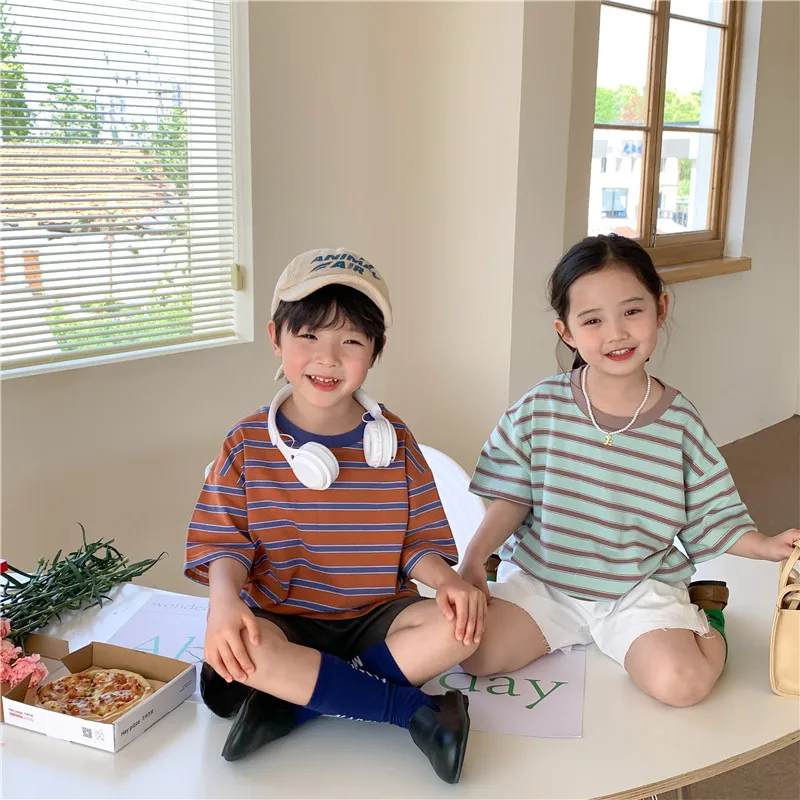 

2022 summer Korean style Unisex striped loose short sleeve Tees Kids round neck cotton soft T shirts