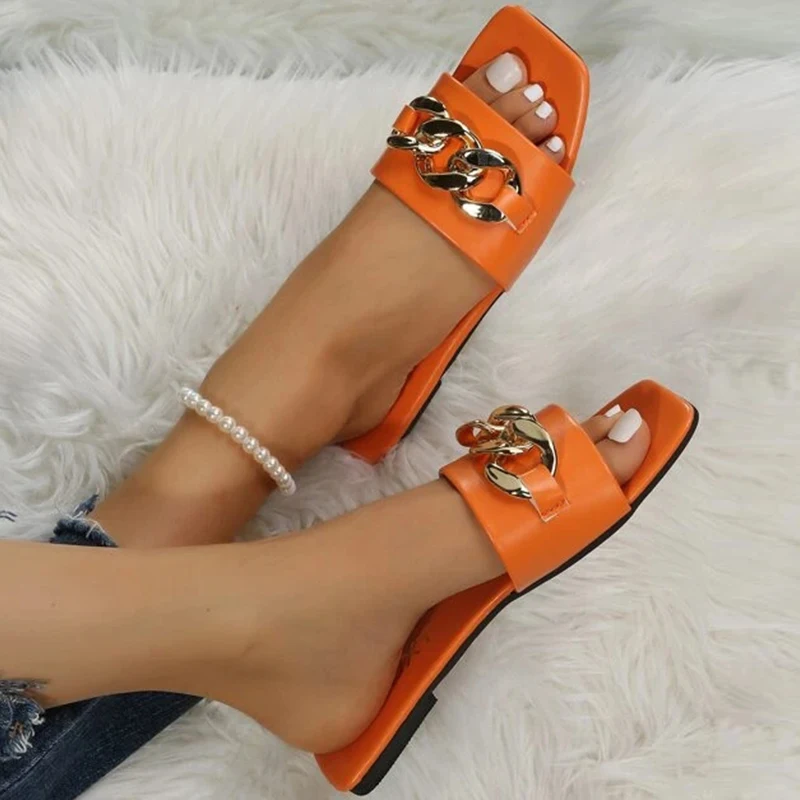 2023 New Women Summer Slipper Square Toe Chain Flat Slide Sandals Beach Cute Temperament Flip Flops Ladies Big Size Woman Shoes