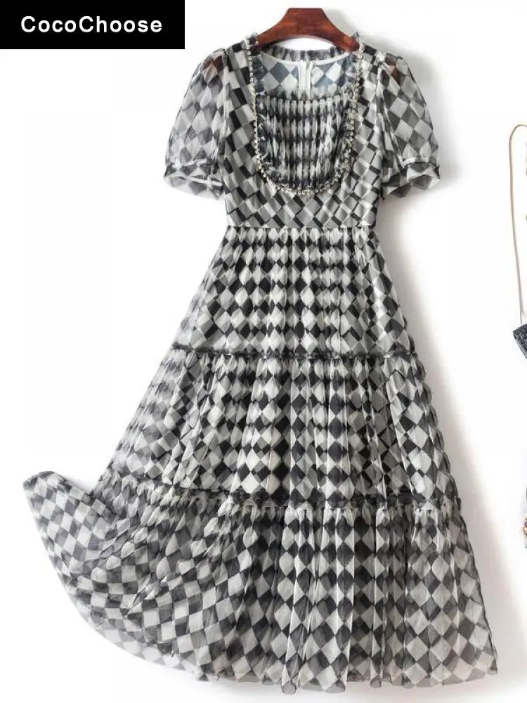 

Fashion Designer Women Plaid Dress Summer 2022 Puff Sleeve Diamonds Beading Plisse Square Collar Aline Tulle Mesh Dresses Black
