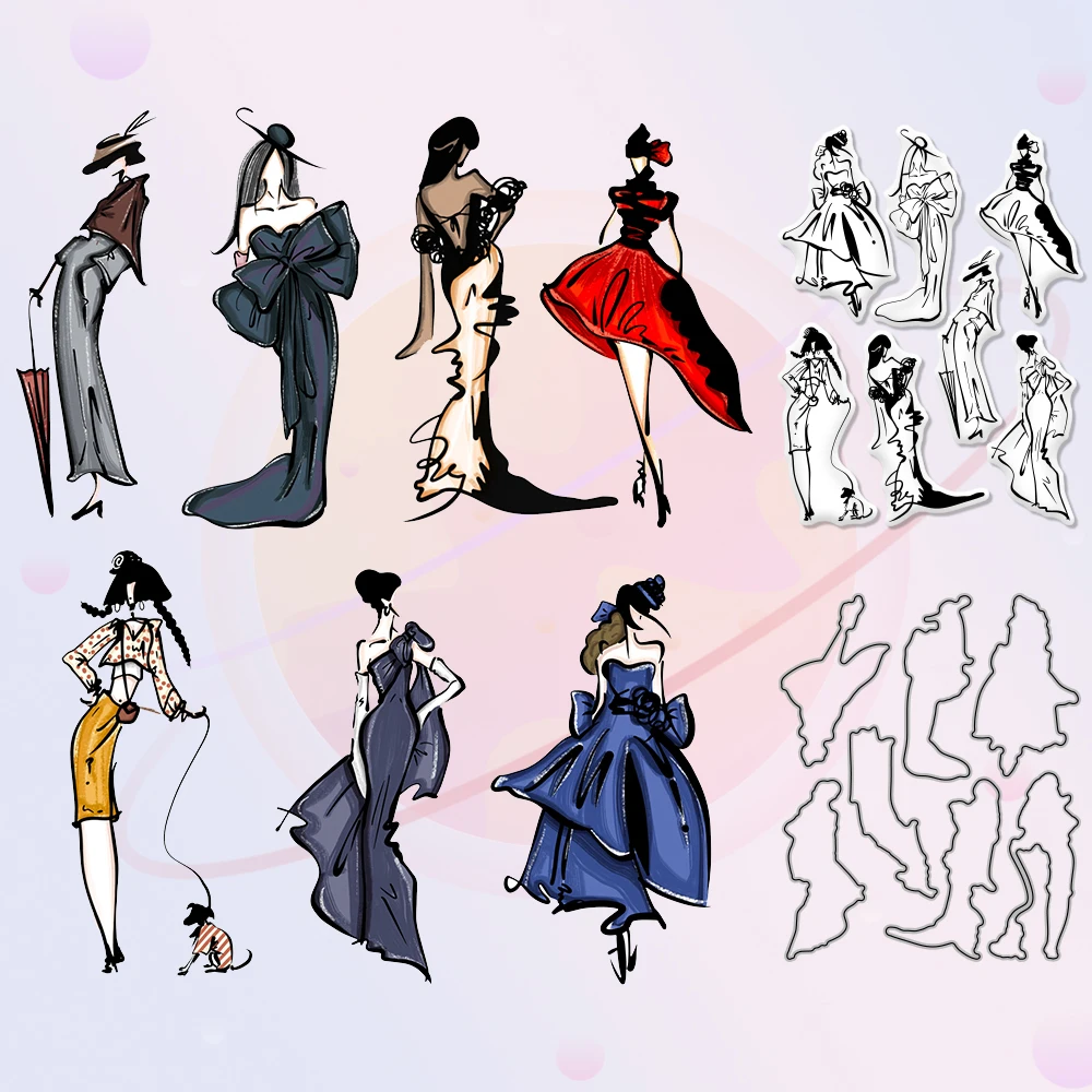 

Party Lady In Full Dress Cutting Dies Clear Stamp Set DIY Scrapbooking Stencils Decor Metal Dies Stamps For Cards Making