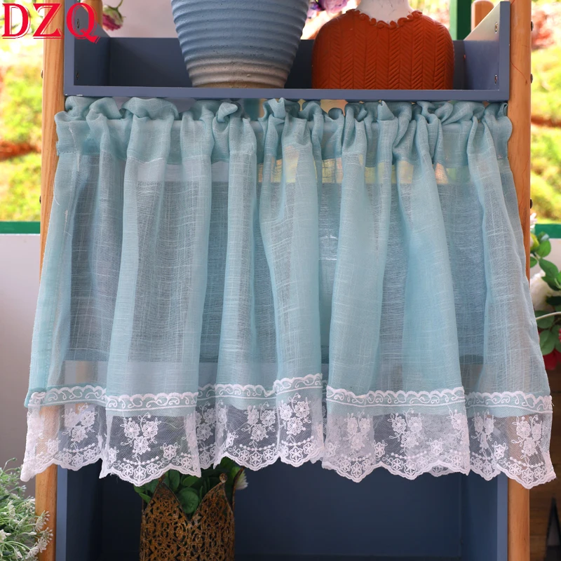

Solid Hemp Stitching Lace Short Curtains South Korea Blue/Yellow/Purple Linen Half Curtains Kitchen Valance #A075