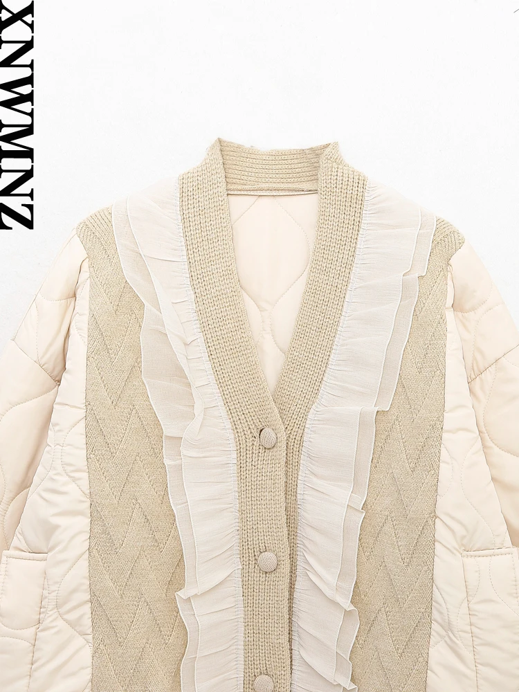 XNWMNZ Women Fashion Winter Warm Quilted Embroidery Knitted Patch Padded Jacket Coat Vintage Long Sleeve Female Chic Outerwear