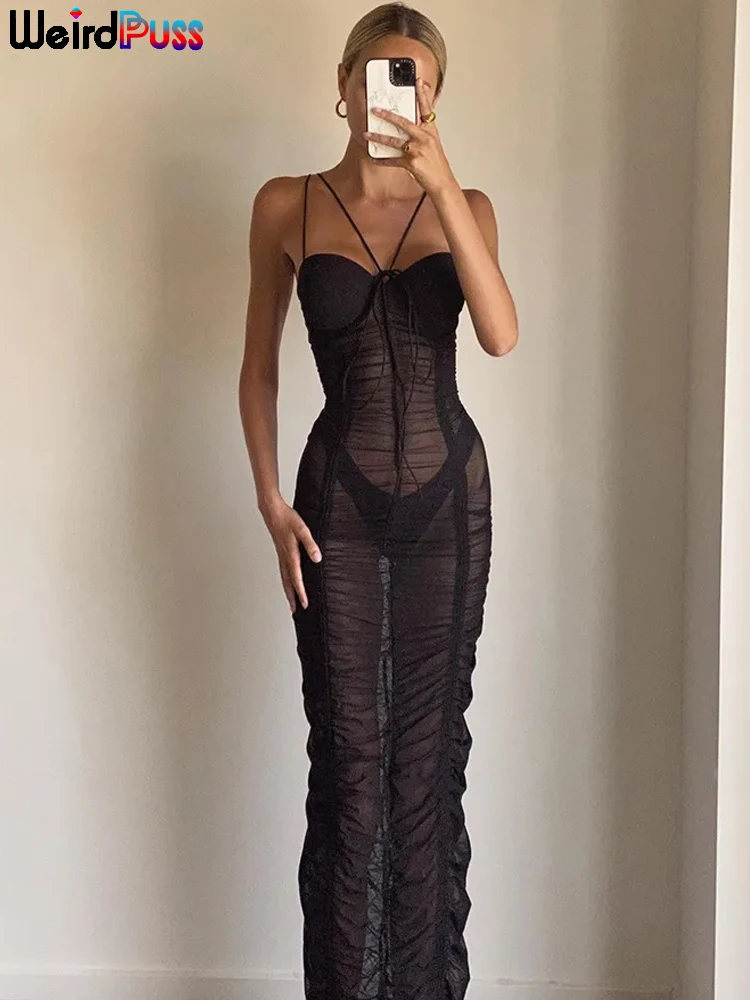 

Женское Сетчатое платье на бретельках, с рюшами