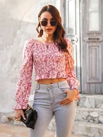 summer fashion women floral print tops square collar long sleeve slim casual boho female tops autumn elegant pink clothes 2022