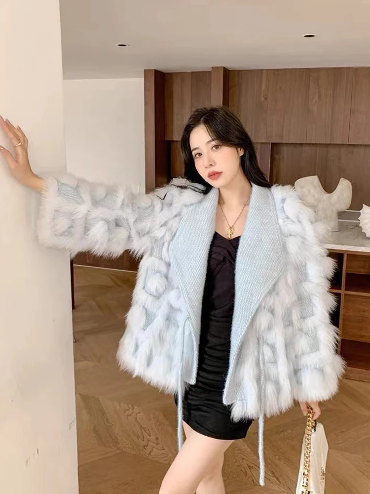 2022 Winter Faux Fur Coat Women Knitting Jackets For Women Natural Fur Coat Fashion Design Fluffy Lace-up Splicing Streetwear