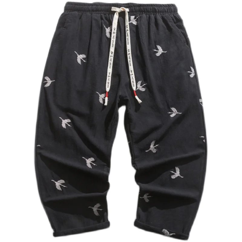 

Embroidery Mens Loose Pants Ankle Length Cotton Chinese Style Casual Trousers Elastic Waist Size 5XL