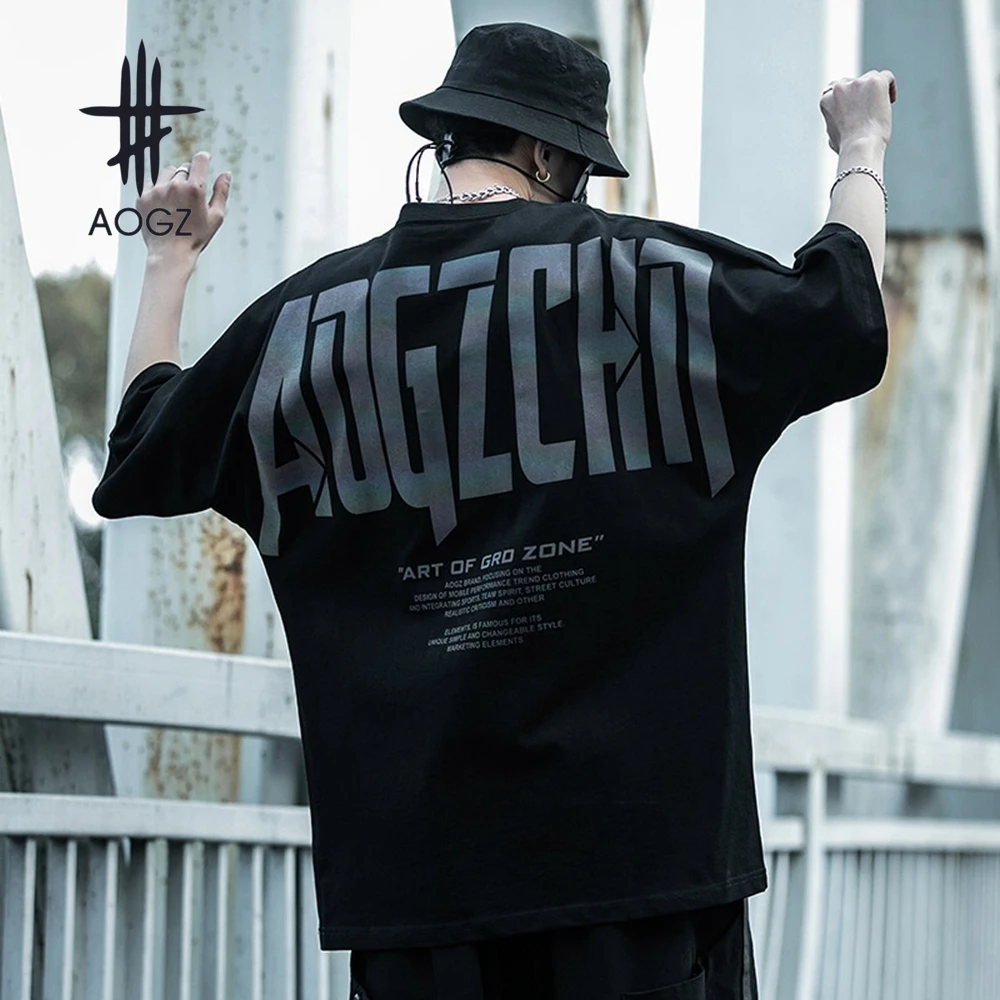 

AOGZ Reflective Letters Printing T-Shirt Men's Loose Oversized Tee Tops Hip Hop Half Sleeve Cotton Couple Clothing Streetwear