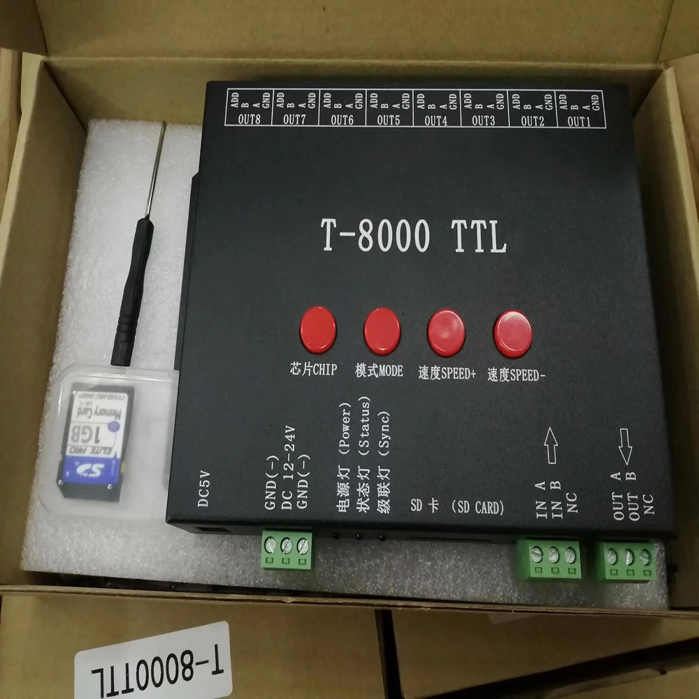 

T-8000 TTL LED Pixel SPI Controller DC5V 12V-24V With SD Card Program for ws2812b/WS2811/LPD6803/DMX512 LED Strip Light Tape
