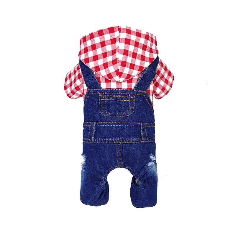 

Джинсовый комбинезон в красную клетку для маленьких и средних собак, дизайнерская джинсовая куртка для щенков, джинсовая Толстовка Yorkie, джи...