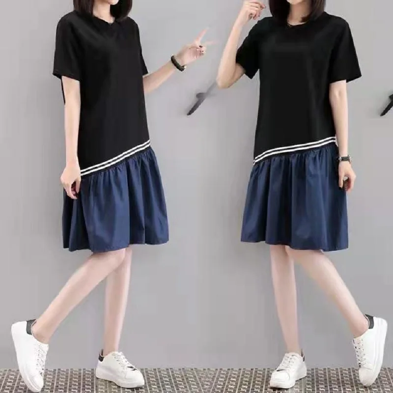 

New Summer Women Plus Size Patchwork Jeans Black Dresses Short-sleeved mid-length Loose T-shirt Skirt Dress Women Denim Dresses