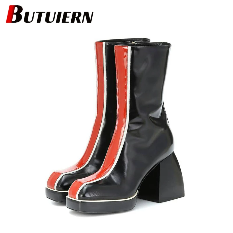 

Winter Square Toe Thick Heel Colorblock Boots Women's Catwalk Short Boots Thick Sole Side Zipper Tide Boots Tacones De Mujer