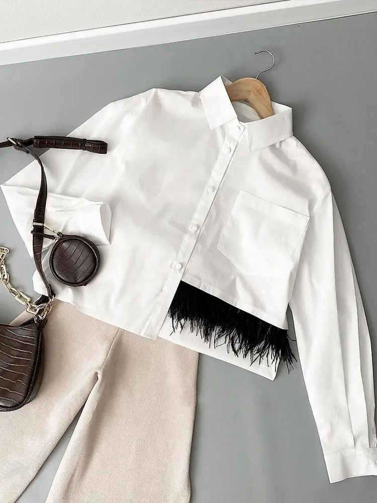 Элегантные топы женская комбинированная зеленая пушистая белая рубашка 2022