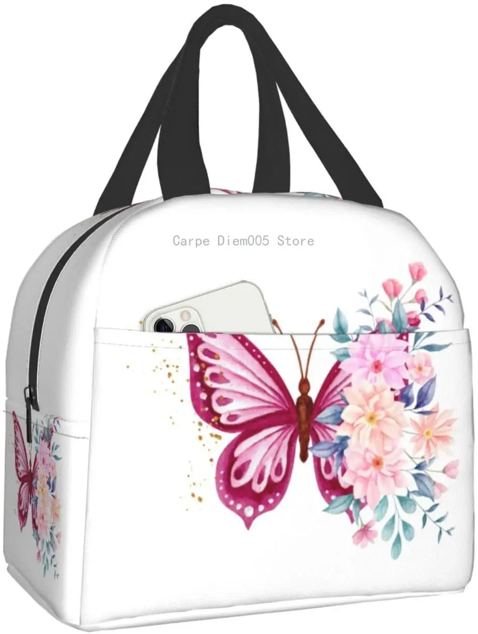 

Spring Lovely Butterfly Insulated Lunch Bag Reusable Cooler Tote Bag With Front Pocket For Women Men Travel Work Hiking Picnic