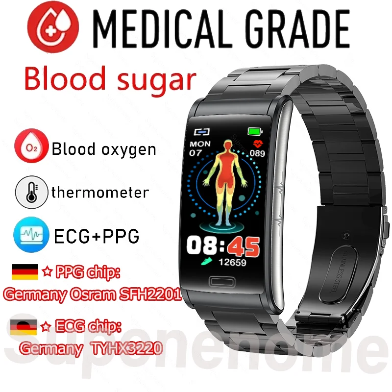 

SUPENENOME 2023 New Blood Sugar Smart Watch Men Heart Rate Blood Pressure ECG+PPG Sports Smartwatch Women Men Glucometer Watch