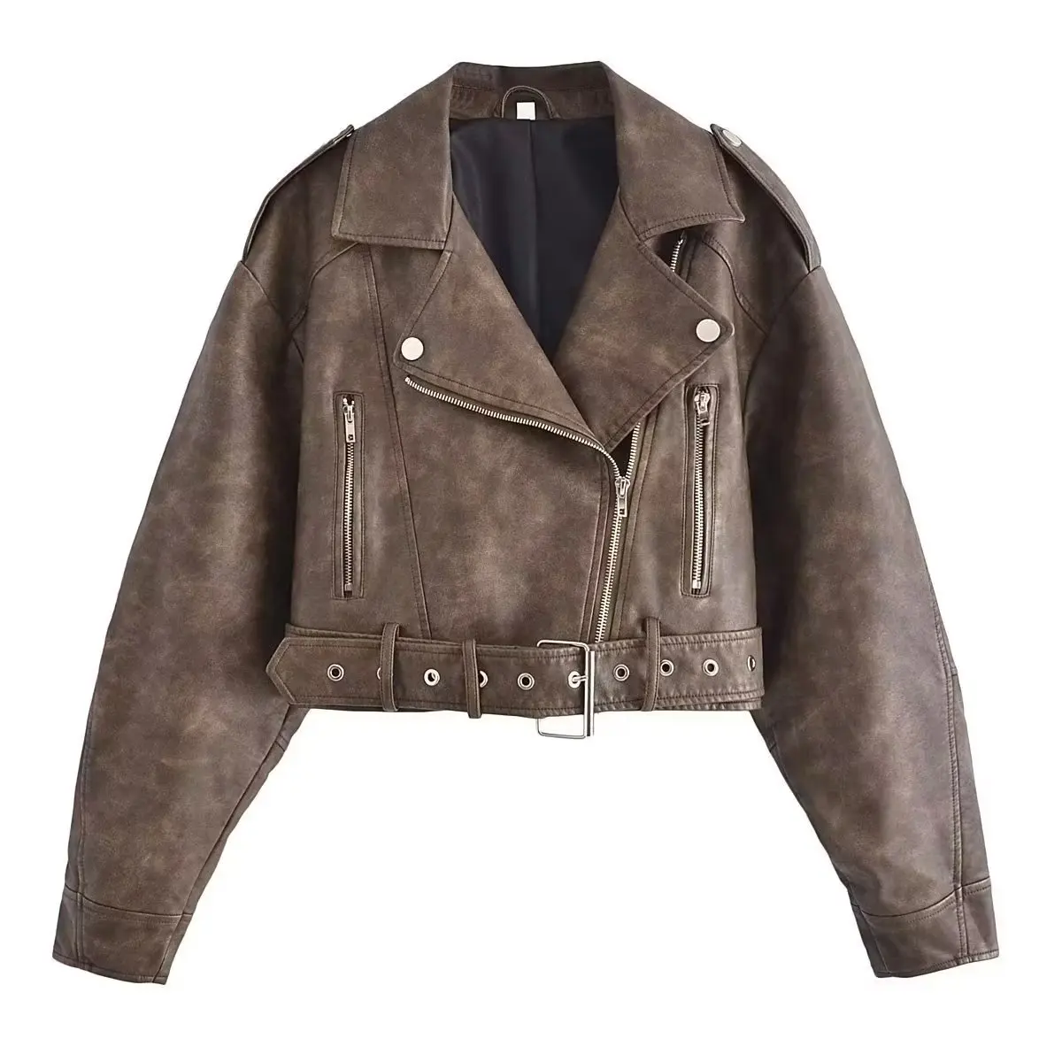 

2022 New Women's Design Lapel Washed Gradient Leather Jacket Short Leather Coat