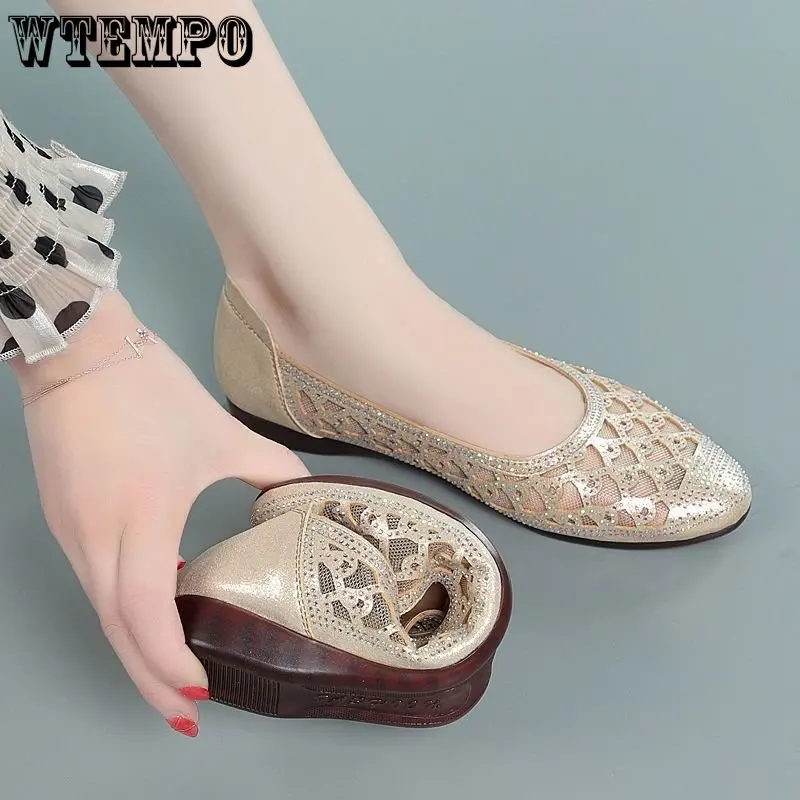 WTEMPO Summer Pointed Toe Women Shoes Fashion Light Weight Mesh Breathable Hollow Out Flat Shoes Lady Shoes Zapatos Wholesale