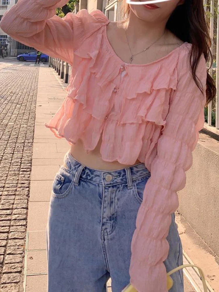 Рубашка женская шифоновая с оборками модная блуза круглым вырезом и длинными