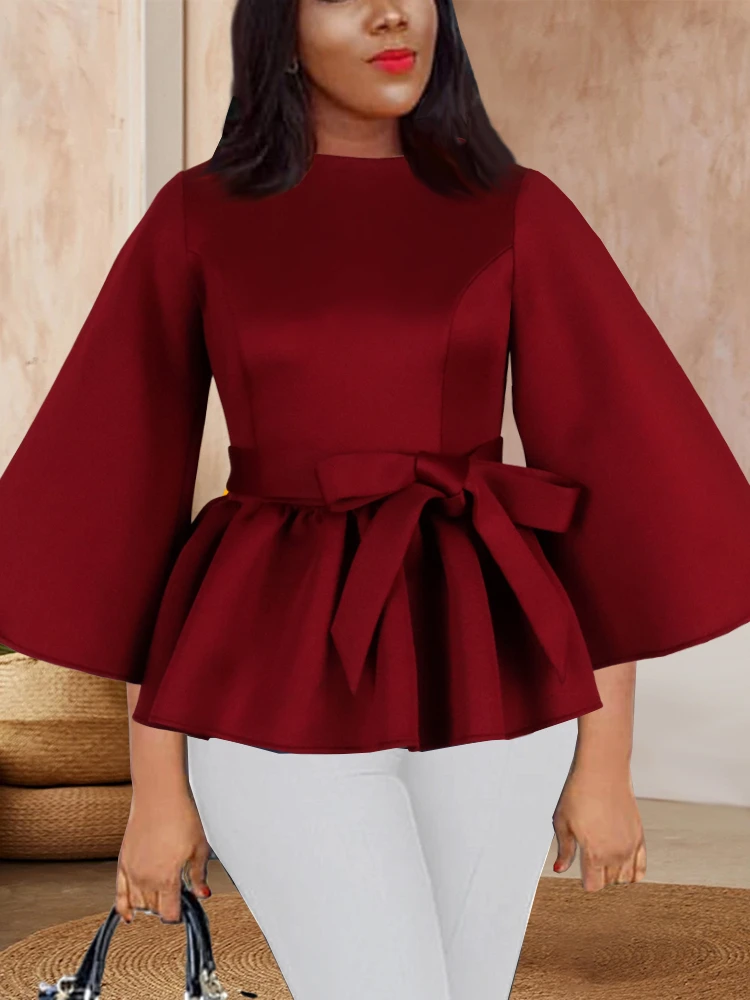 

Women Blouses Tops Shirts Long Flare Sleeves Peplum O Neck with Waist Belt Elegant Autumn 2022 New Fashion Bluas African Female