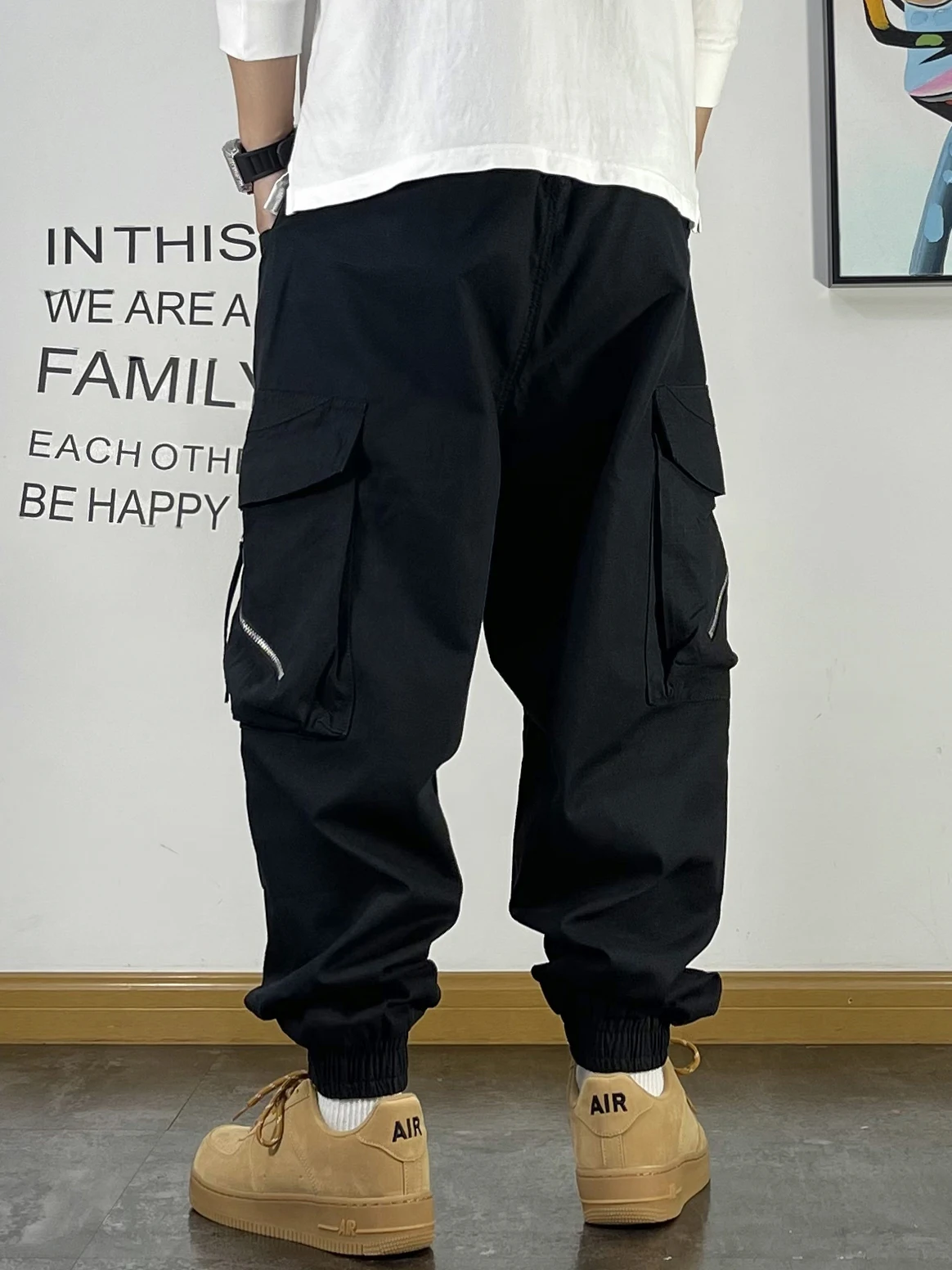 Fashion Brand Youth Pu Shuai Multi-pockets Overalls Loose Ankle-tied Belt Zip-up Autumn New All-Match Casual Pants