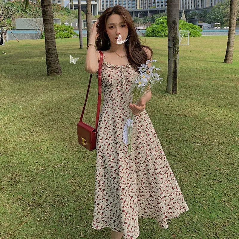 

Женские платья без рукавов с цветочным принтом, Летние повседневные французские эластичные модные Универсальные тонкие студенческие плат...