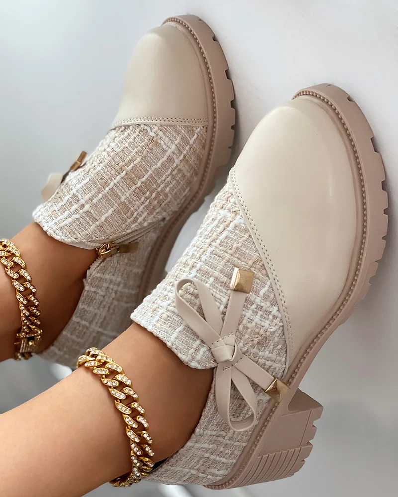 Women Fashion Low Heel Round Toe Solid Color Shoes Tweed Patch Bowknot Decor Chunky Heel Loafers