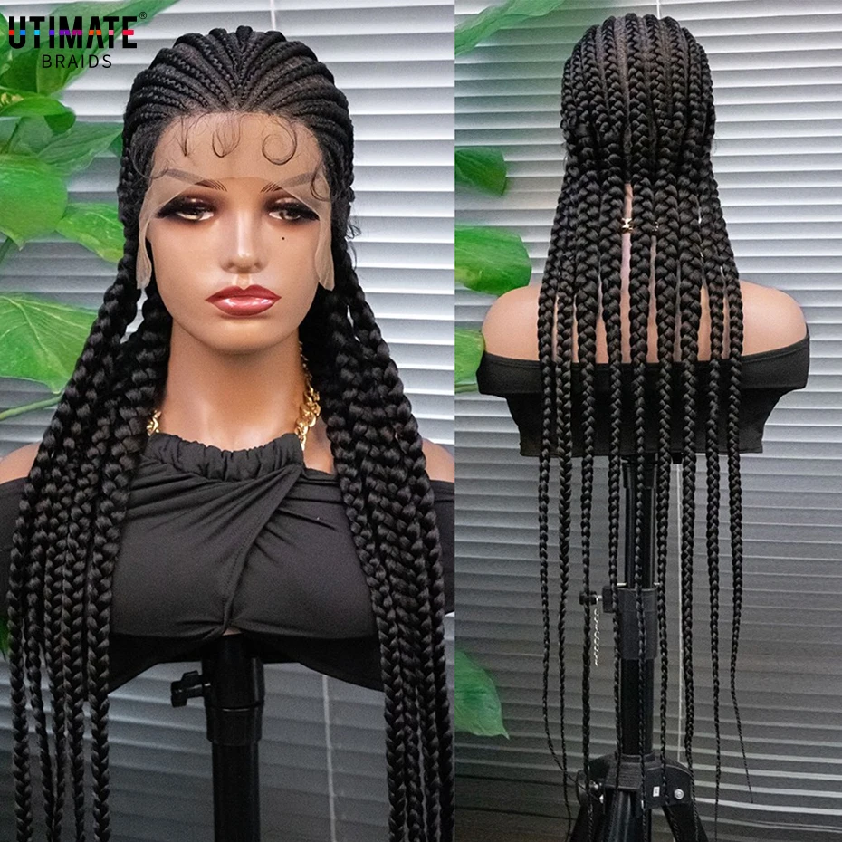 36 Inches Full Lace Front Knotless Heat Resistant Box Braided Wigs With Baby Hair Synthetic Braids Wig For Black Women