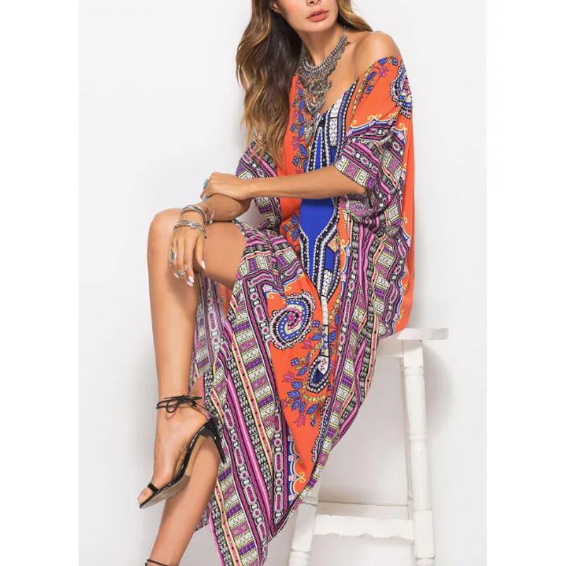 

Dubai Maxi Kaftan Women Fashion Muslim Dresses Print Vintage Beach Summer Dress Robe Large Size Arabes Abaya Islamic Clothing