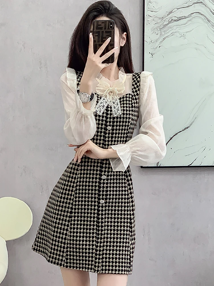 Женское клетчатое Сетчатое платье в стиле пэчворк с бисером и бантом на