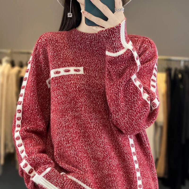 Новинка 2023 Женский вязаный пуловер из 100% чистой шерсти с длинным рукавом и