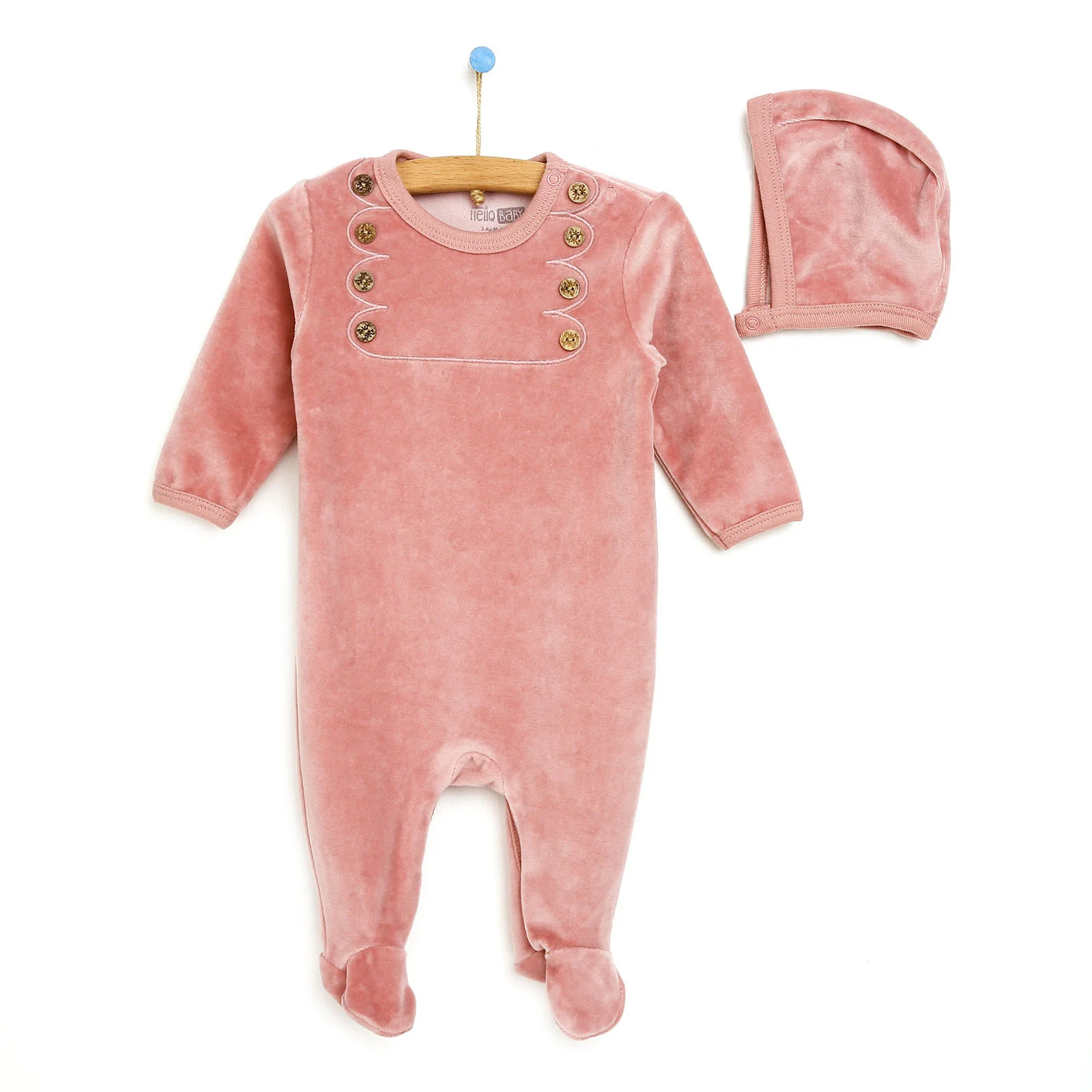 ebebek Hellobaby Yenidoğan Düğme Detaylı Kadife Tulum-şapka