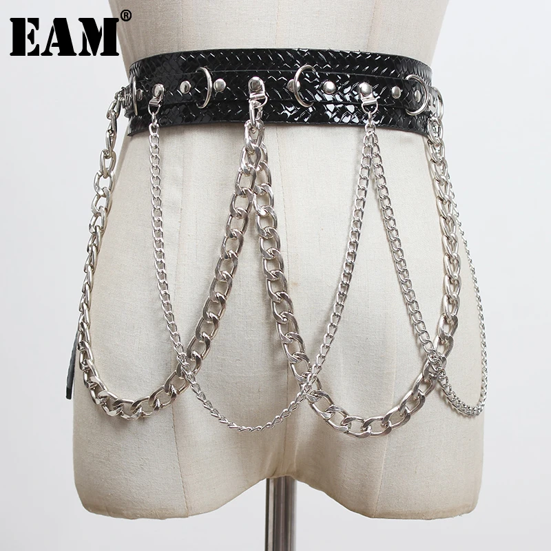 

[EAM] Pu Leather Black Metal Chain Split Long Belt Personality Women New Fashion Tide All-match Spring Autumn 2023 1Y825