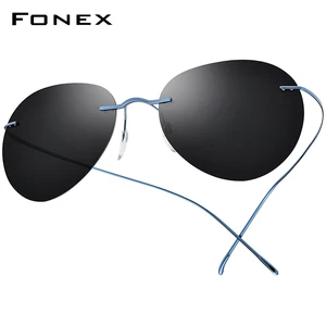 FONEX Titanium Rimless Sunglasses Men Ultralight Korean Frameless Screwless Pilot Aviador Polarized 