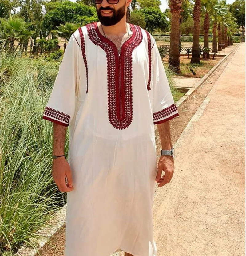 

Ramadan Eid Muslim Fashion Men's Robe Arabic Abaya Dubai Islamic Clothing New 2022 Solid Color Printed Mid Sleeve Casual Autumn