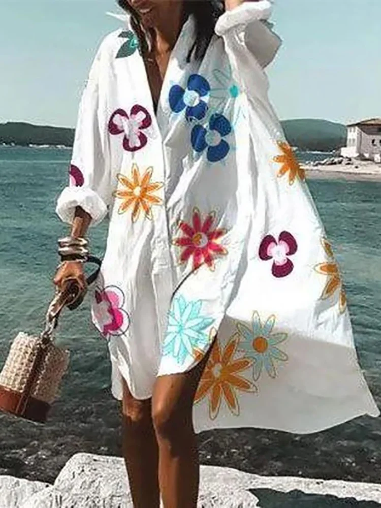 

Короткое пляжное платье с цветочным принтом в богемном стиле, Женская одежда оверсайз, рубашка на пуговицах, платье, праздничное модное женское платье