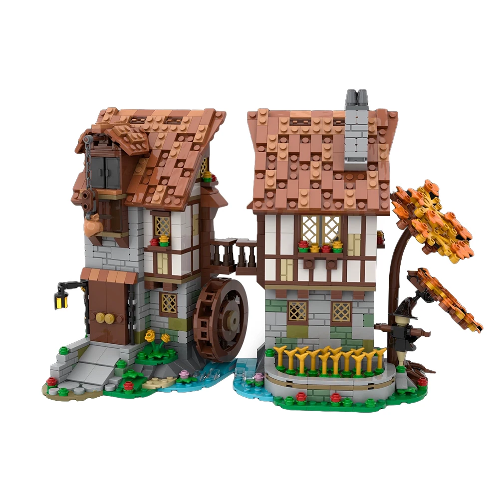 

MOC Medieval Building Modular Black Falcons Street View Model Waterwheel DIY Children Assembled Building Blocks Christmas Gift