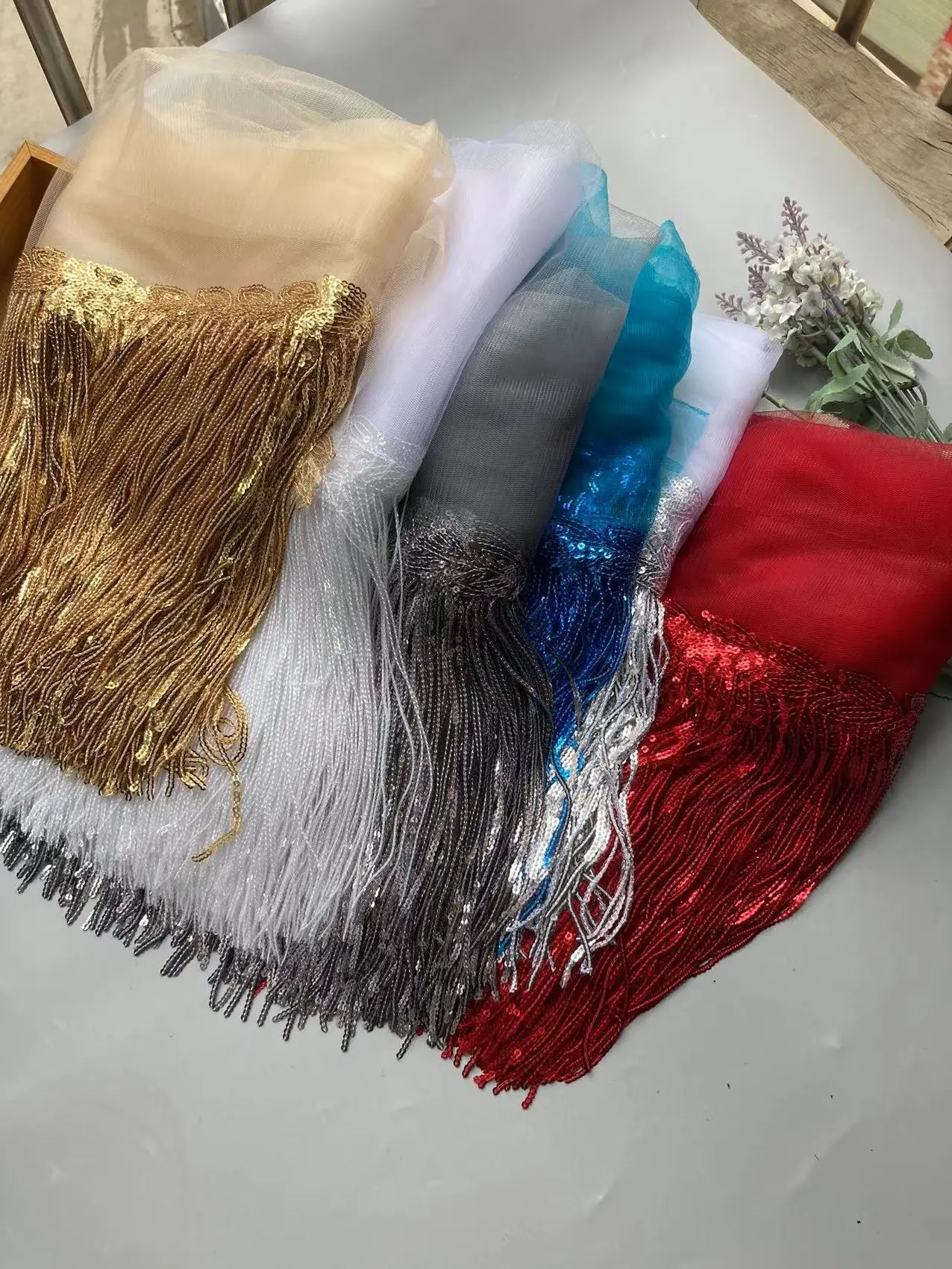 

10Yards 20cm Colorful Sequins Tassel Lace Fabric Fringe Trim Ribbon DIY Dance Performance Dresses Decoration Accessories