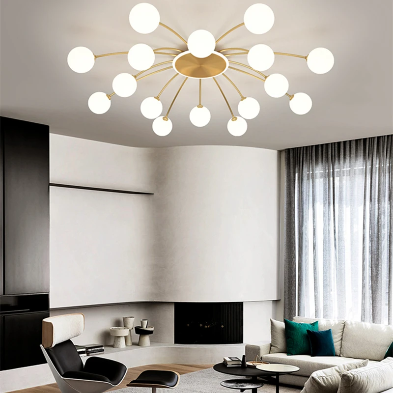 New Copper Led Glass Ball Chandelier For Living Dining Room Bedroom Indoor Nordic Hanging Lamp Golden Ceiling Lighting Fixtures