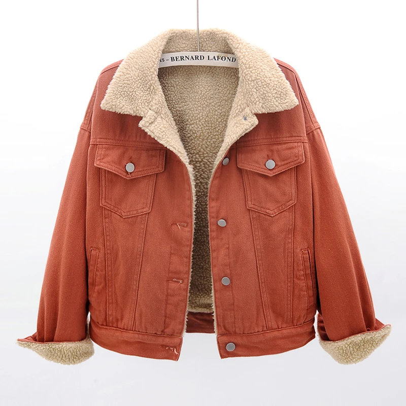 

Женская утепленная джинсовая куртка, однотонная свободная короткая ковбойская куртка из овечьей шерсти, с большими карманами, Осень-зима