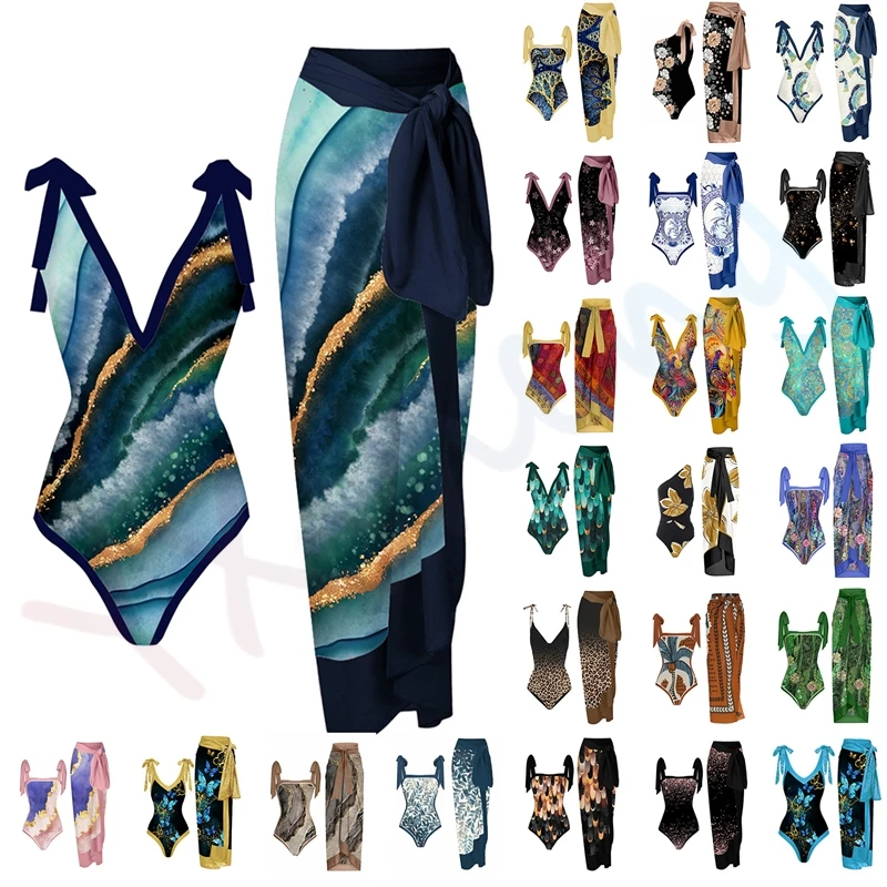 2023 New Two Piece Set Women's Retro Print Sexy One Piece Push Up Bikini Swimsuit Skirt Tie Floral Swimwear Ethnic Beachwear