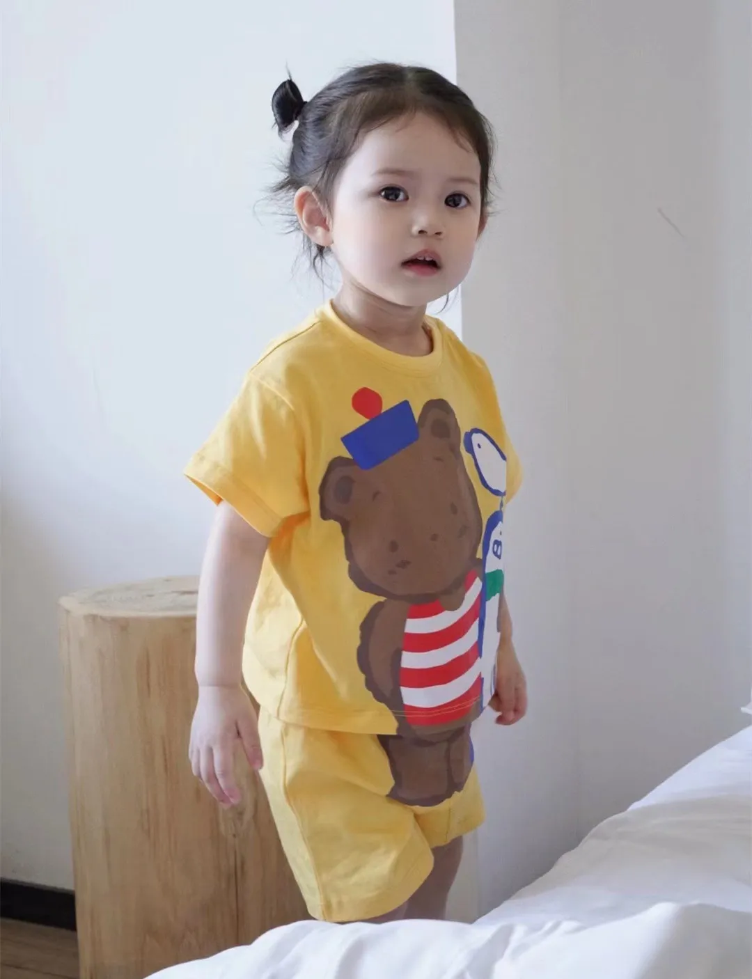 

Children's suit Yellow Beach Bear Print Summer 2-Piece Set cotton boys and girls clothing set
