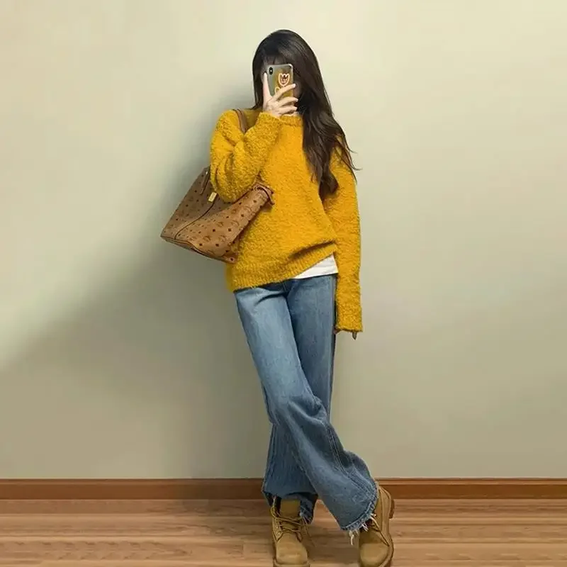 Осень/зима новый вязаный топ с длинными рукавами женский свободный крой мягкий и