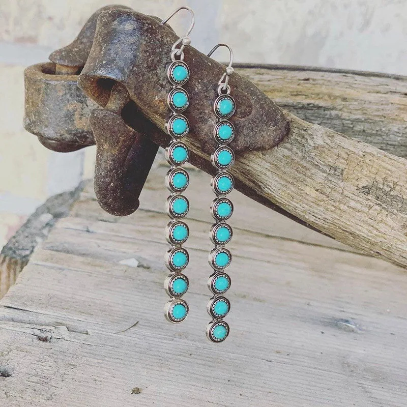 

Long Turquoise Bar Drop Earrings JEWELRI FOR WOMAN Boho Style Minimalist Simple Blue Earrings with Nano Turquoise Textured Stick