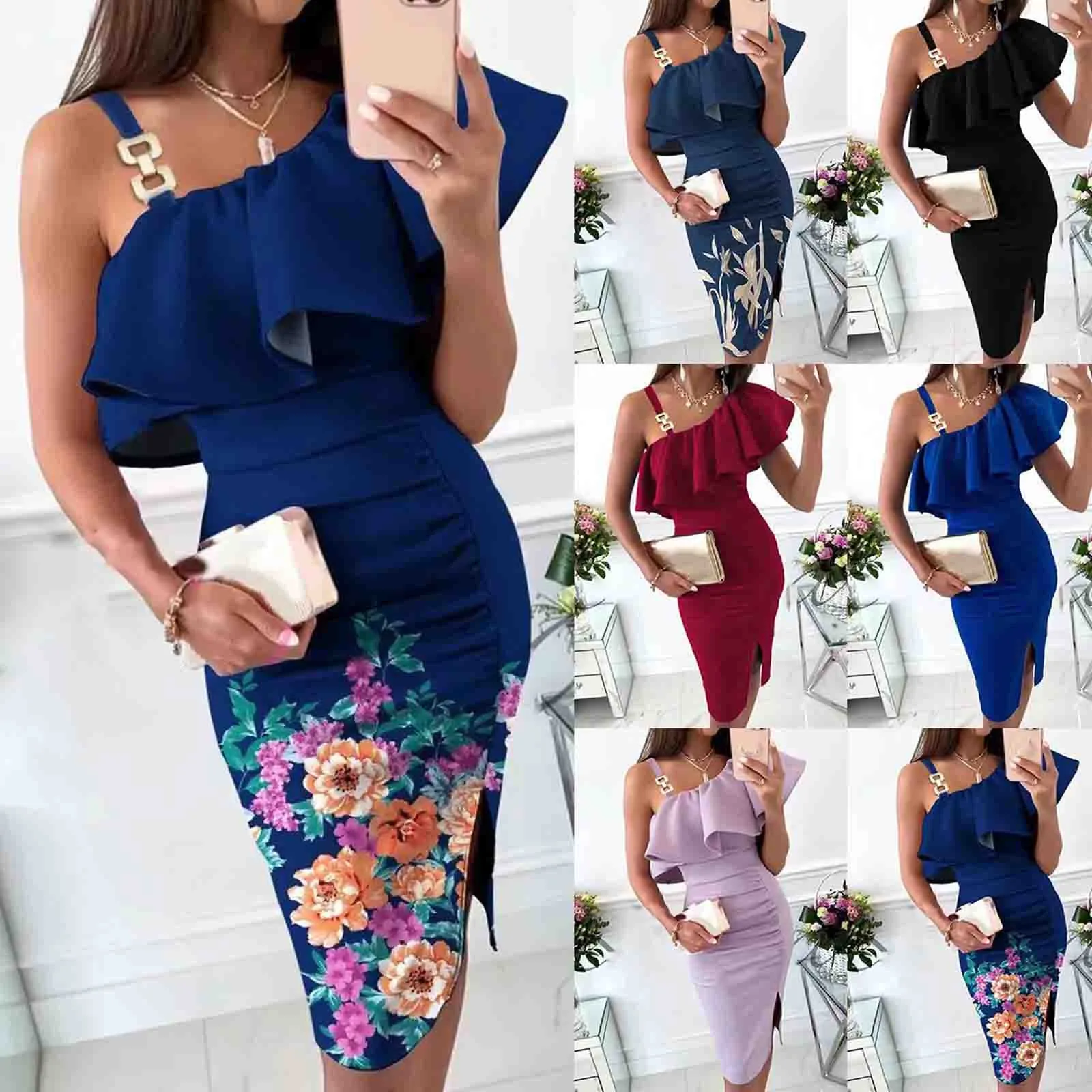 

Sexy Women Summer Print A-line Dress Irregular High Split Ruffles Decor Sling Sleeveless Mid Waist Slim Dress Elegant Robe