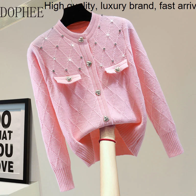 

Diamond Female Plaid Cardigans Small Jacket New Autumn Solid Color Love Buckle Long Sleeve Jumpers All-match Pink Sweaters Top