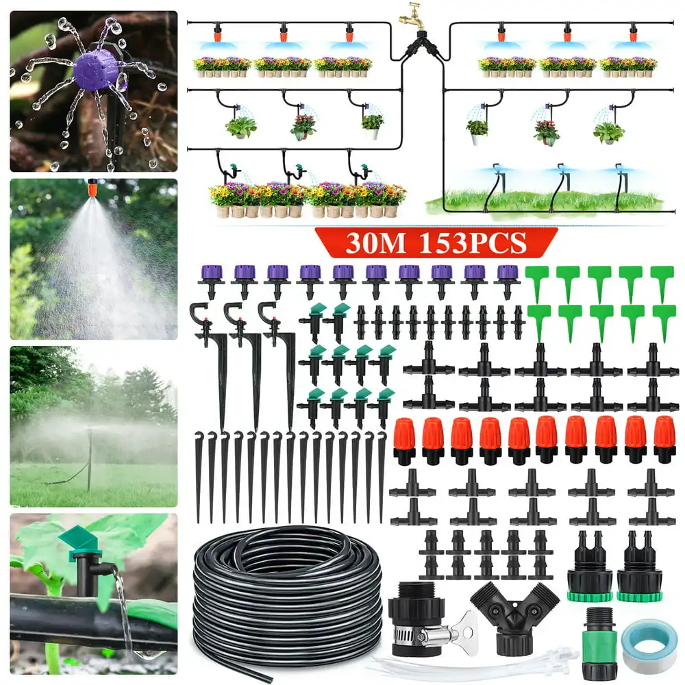 

Micro Drip Irrigation Kit 153pcs, Do Way 30M/98ft Patio Plant Watering Kit Misting Cooling System with Adjustable Nozzle Sprink