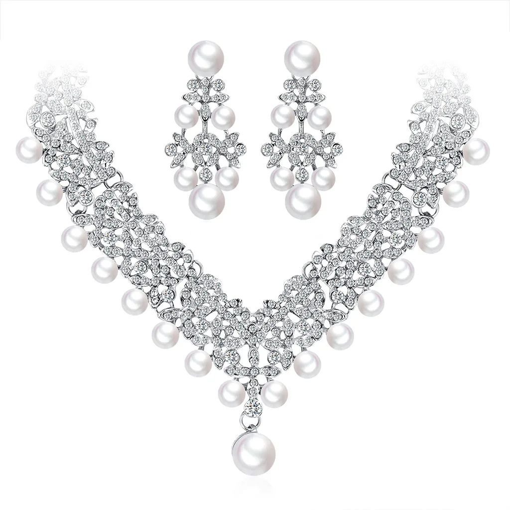 

New Wedding Jewelry Accessories Sets for Charming Women Accessories Pearl Crystal Necklace Earrings Sets