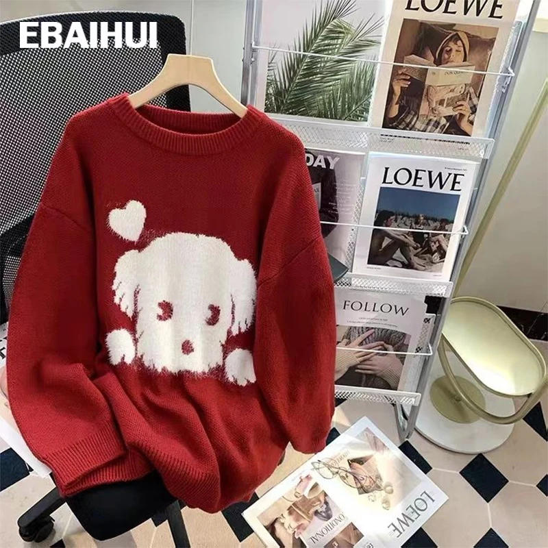 

EBAHUI Japanese Cute Sweaters Doggy Loose Autumn Winter O-Neck Knitted Pullover Top Harajuku Korean Chic Streetwear Jumper Femme